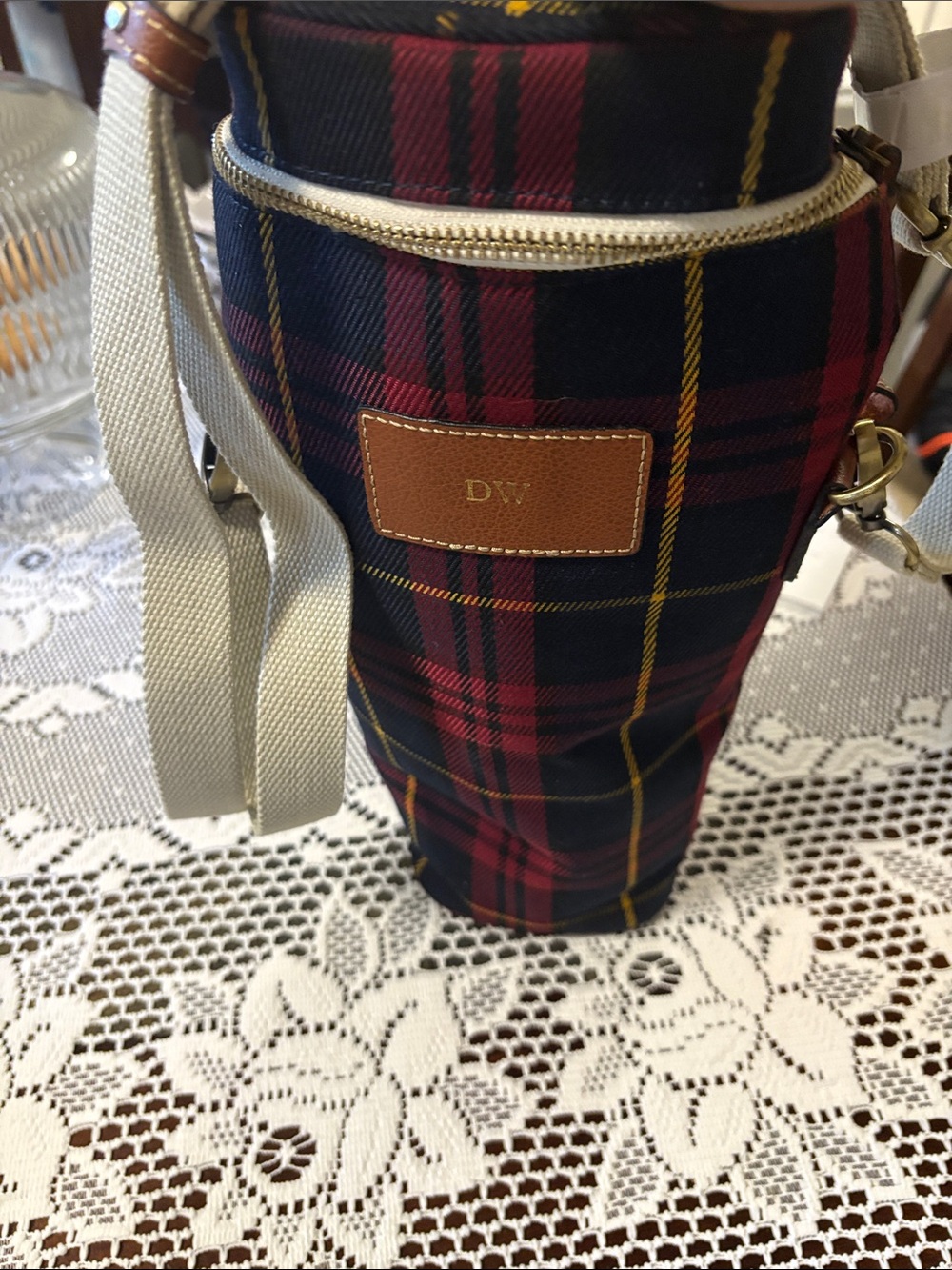 Plaid Crossbody Bottle Bag in Navy and Burgundy